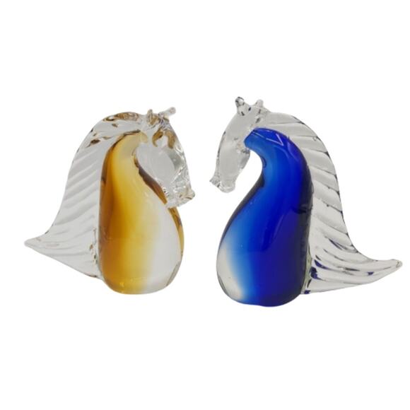 Vintage Glass Horse Bust Set of 2 Amber & Blue Figurines Home Decor - Picture 1 of 11